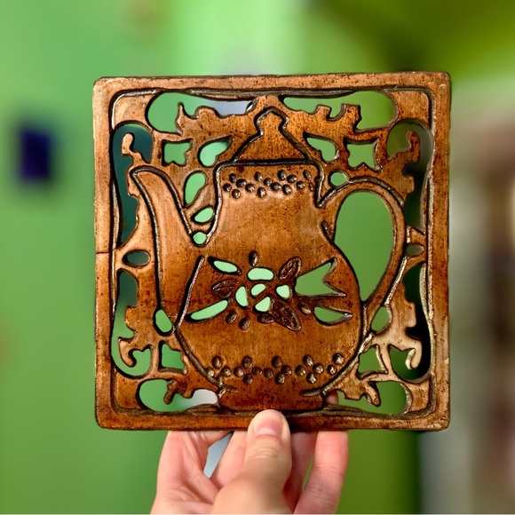 Other - Vintage Brass Colored Metal Tea Kettle Cottagecore Farmhouse Trivet Wall Decor